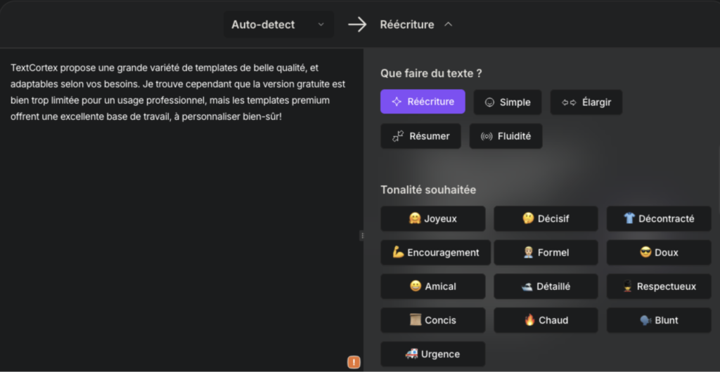 Avis sur la fonctionnalité de réécriture de TextCortex