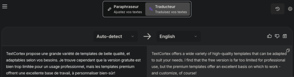 Avis sur la fonctionnalité de traduction de TextCortex