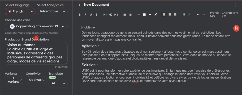 Capture d'écran de l'utilisation de la fonctionnalité copywriting framework PAS de Rytr